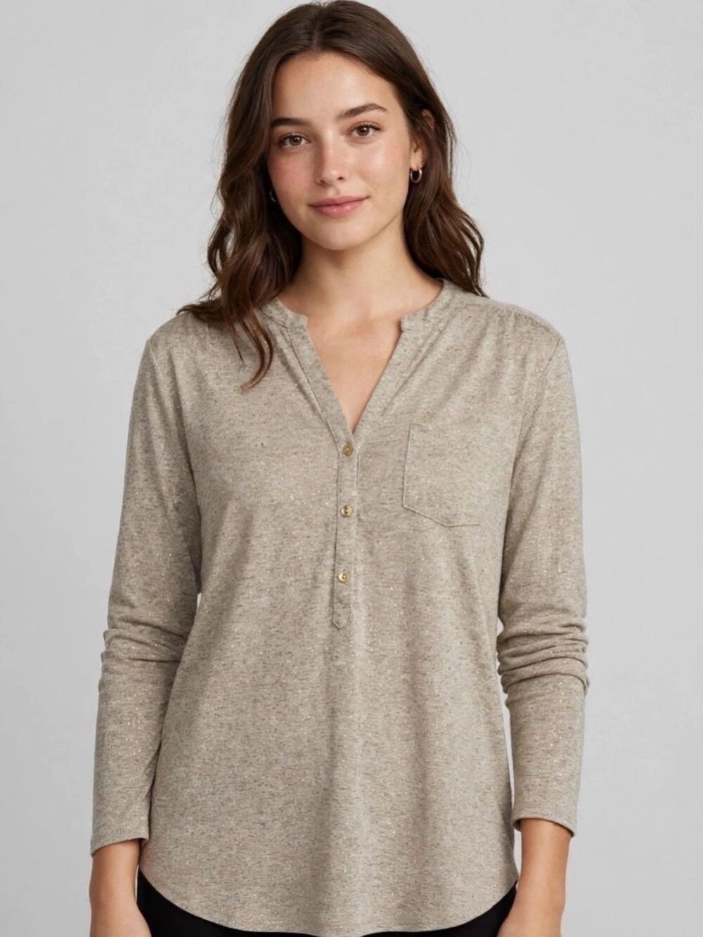 Rafaella Studio Champagne Gold Metallic Knit Henley 3/4 Sleeve Top Size L